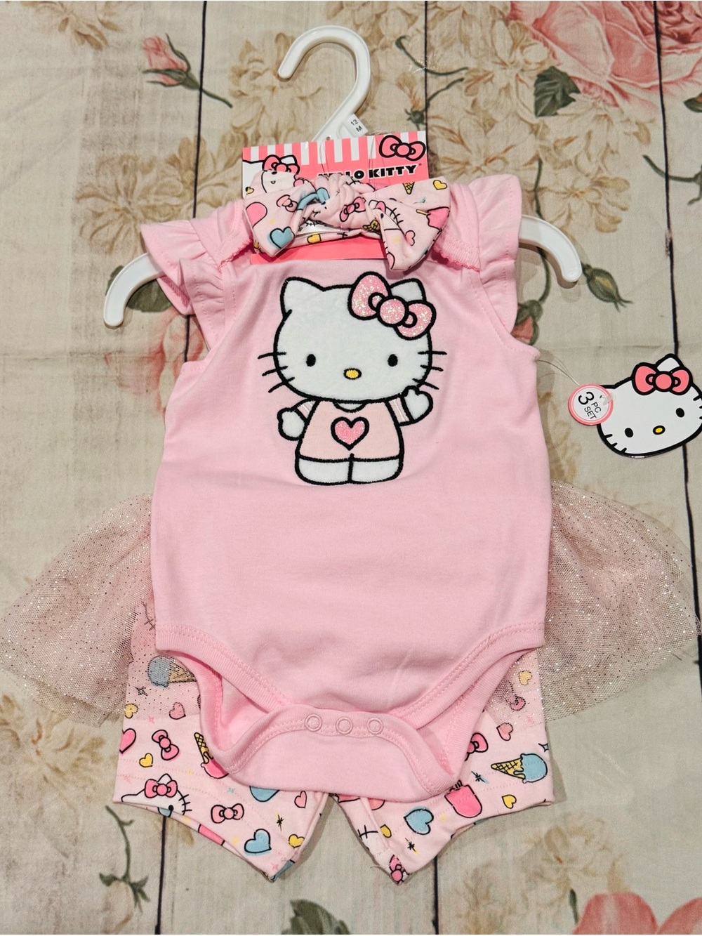 Hello Kitty Baby Girl Set Pink Ice Cream Tutu Skirt, Shorts & Bow 12 Months NWT